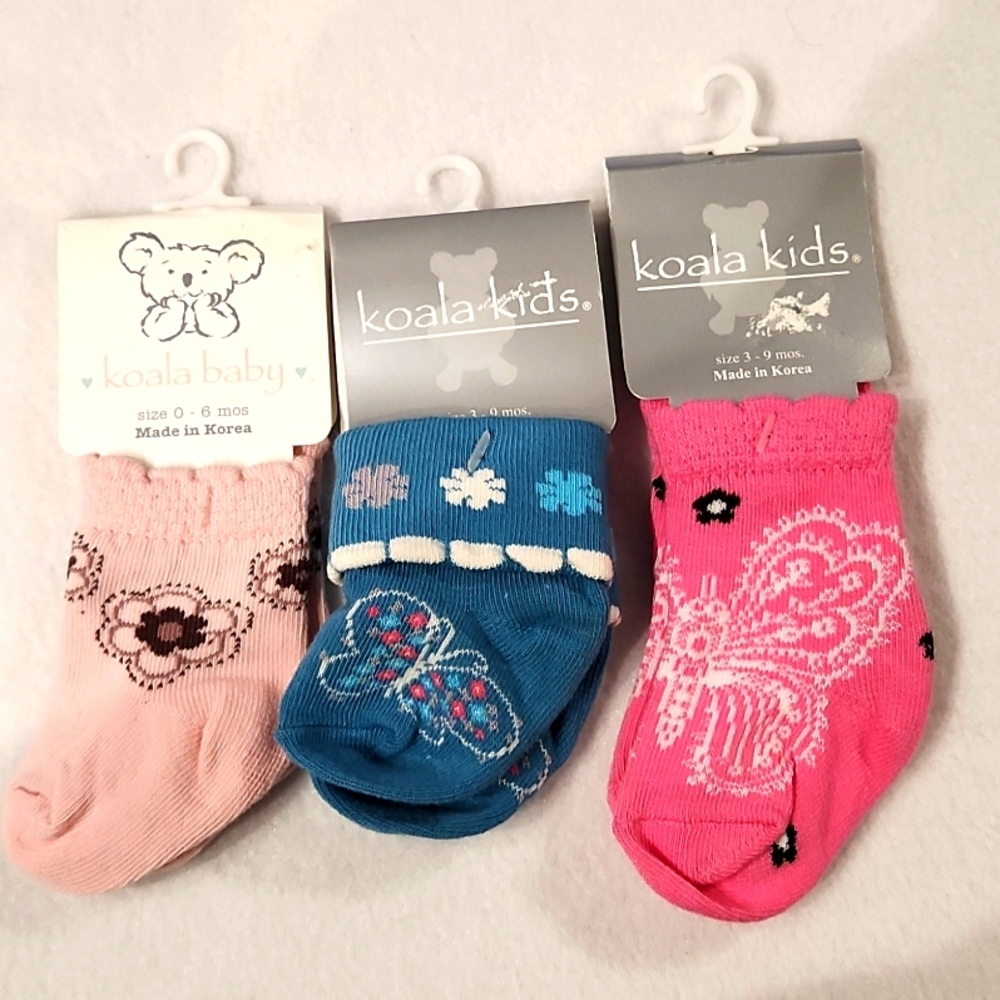 KOALA BABY GIRLS NEW BABY SOCKS BY SIZE 0-6M, 3-9M, AND 3-9M